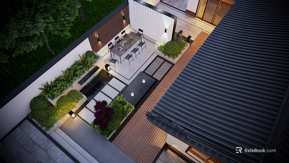 Courtyard Garden Design With Outdoor Dining Area Wooden Deck And Lush Green Plants 3d model 