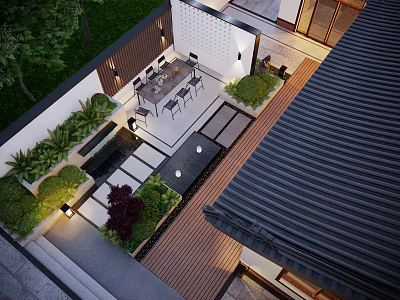 Courtyard Garden Design With Outdoor Dining Area Wooden Deck And Lush Green Plants 3d model