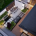 Courtyard Garden Design With Outdoor Dining Area Wooden Deck And Lush Green Plants
