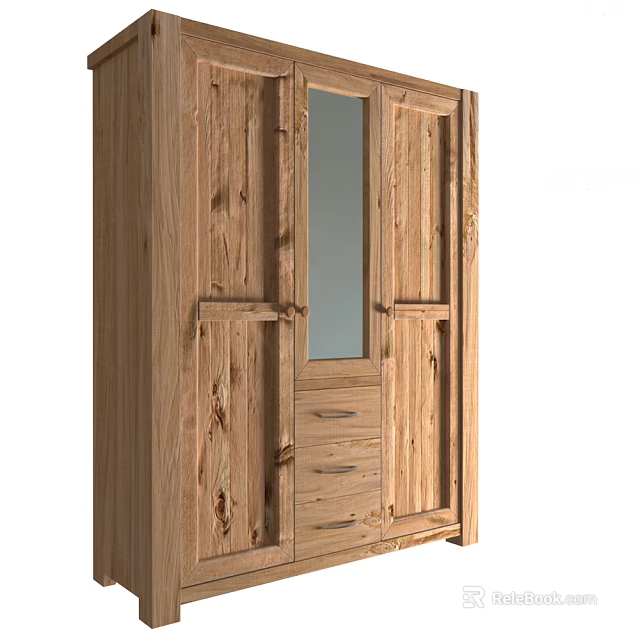 Natural Wood Wardrobe With Mirror Door And Drawers For Bedroom Storage Solution 3d model 