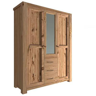 Natural Wood Wardrobe With Mirror Door And Drawers For Bedroom Storage Solution 3d model