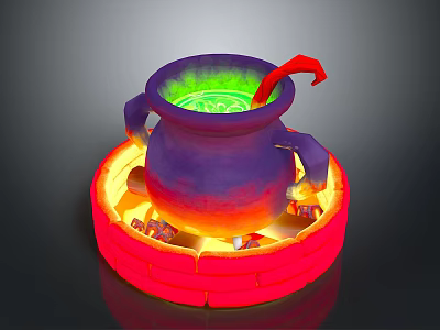 Decorative Purple Cauldron With Green Liquid Red Ladle And Glowing Brick Base 3d model