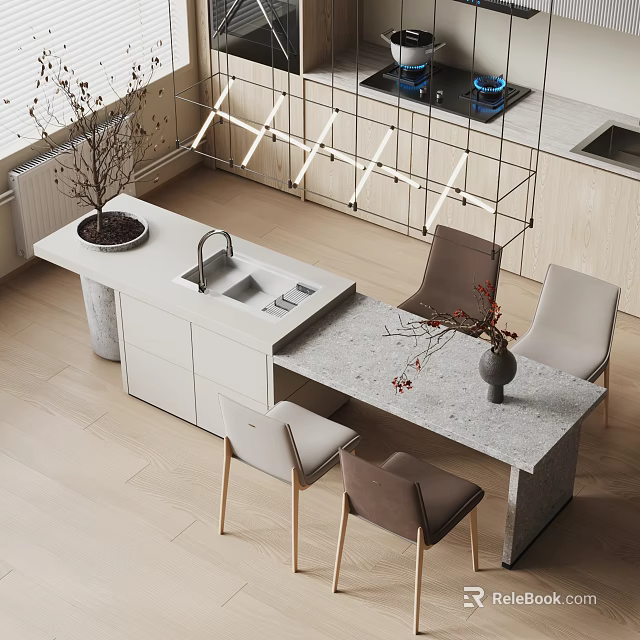 Modern Bar Counter With Stone Top Light Gray And Brown Chairs And Vase Decor 3d model 