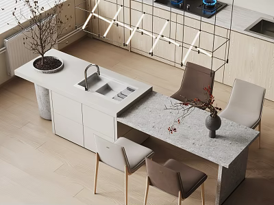 Modern Bar Counter With Stone Top Light Gray And Brown Chairs And Vase Decor 3d model