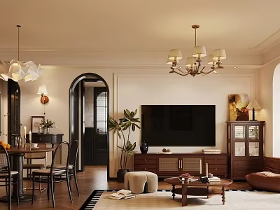 Cozy Modern Living And Dining Room Interior With Chandelier TV Dining Table And Sofa 3d model
