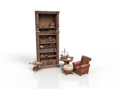 Classic Wooden Bookshelf With Books And Brown Leather Chair With Small Table 3d model
