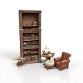 Classic Wooden Bookshelf With Books And Brown Leather Chair With Small Table