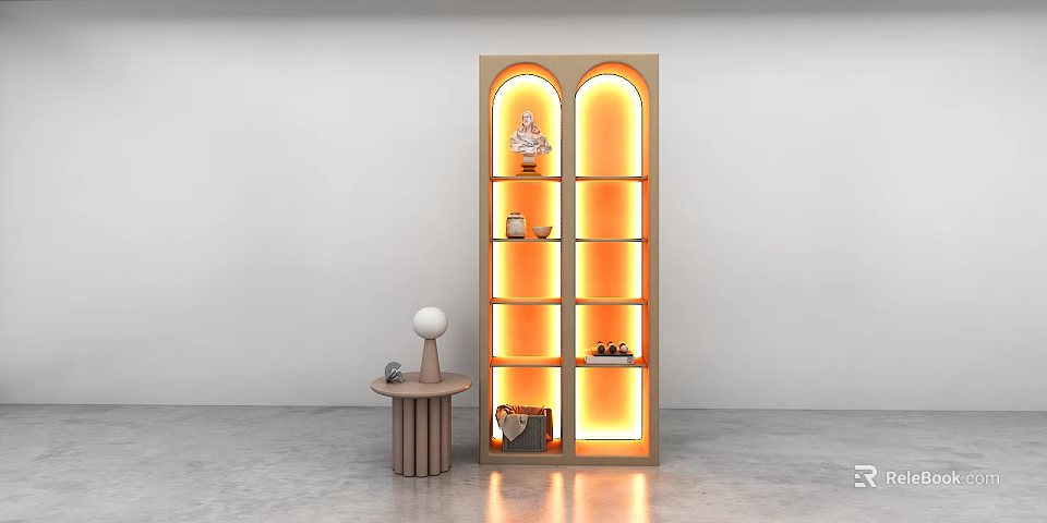 Modern Arched Decorative Cabinet With Illuminated Shelves And Side Table Ornaments 3d model 