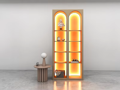 Modern Arched Decorative Cabinet With Illuminated Shelves And Side Table Ornaments 3d model