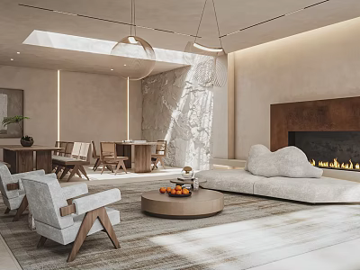 Modern Natural Dining and Living Room Interior With Sofa Fireplace and Stone Wall 3d model