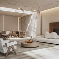 Modern Natural Dining and Living Room Interior With Sofa Fireplace and Stone Wall