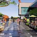 Modern Commercial Landscape With Pedestrian Walkway Starbucks McDonald's Green Plants And Sculpture