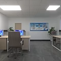 Public Office Space Featuring Desks Computer Monitors Office Chairs Ceiling Lights Wall Poster And Windows 3d model