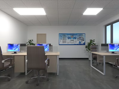 Public Office Space Featuring Desks Computer Monitors Office Chairs Ceiling Lights Wall Poster And Windows 3d model