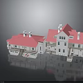 Detailed White Buildings Featuring Pink Roofs Multiple Windows Chimneys And Stairs
