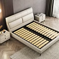 Modern Double Bed Featuring Beige Leather Headboard Gray Quilt Nightstand and Pendant Lights