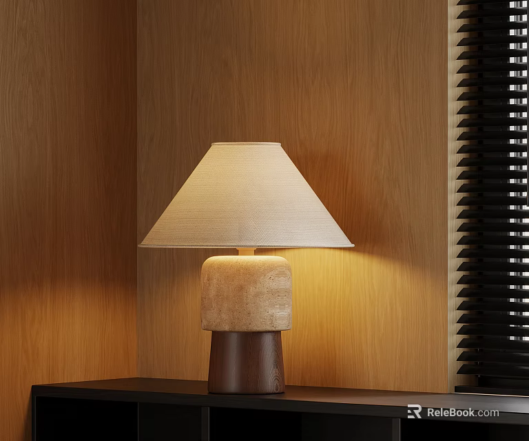 Beige Lampshade Table Lamp With Layered Base And Wooden Wall Background 3d model 