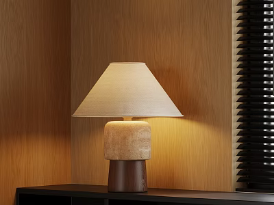 Beige Lampshade Table Lamp With Layered Base And Wooden Wall Background 3d model