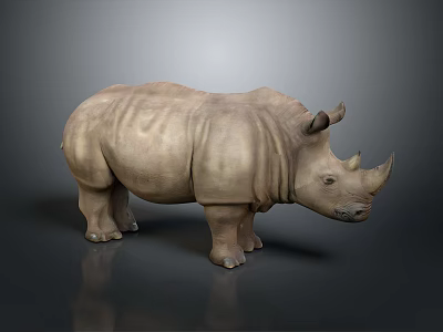 Rhinoceros 3D Model in Light Brown Color With Horns Standing on Neutral Gray Background 3d model