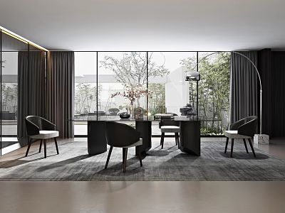 Modern Restaurant Interior With Large Windows Green Plants Dining Tables And Chairs 3d model