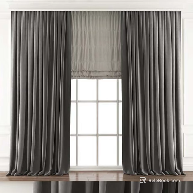 Gray Curtains With Light Roman Shade For White Framed Grid Pane Window 3d model 