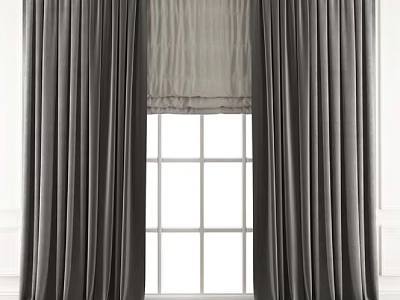 Gray Curtains With Light Roman Shade For White Framed Grid Pane Window 3d model