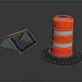 Orange Traffic Cone With Reflective Stripes Black Base And Gray Triangular Metal Road Barrier