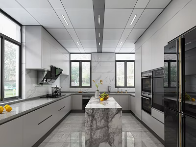 Modern Kitchen Interior With Marble Island White Cabinets Black Appliances And Natural Light 3d model