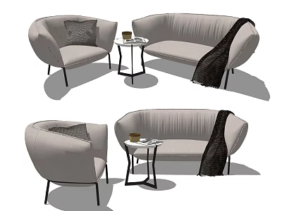 Modern Curved Light Gray Sofa Coffee Table Set With Throw Pillow Blanket And Metal Frame 3d model
