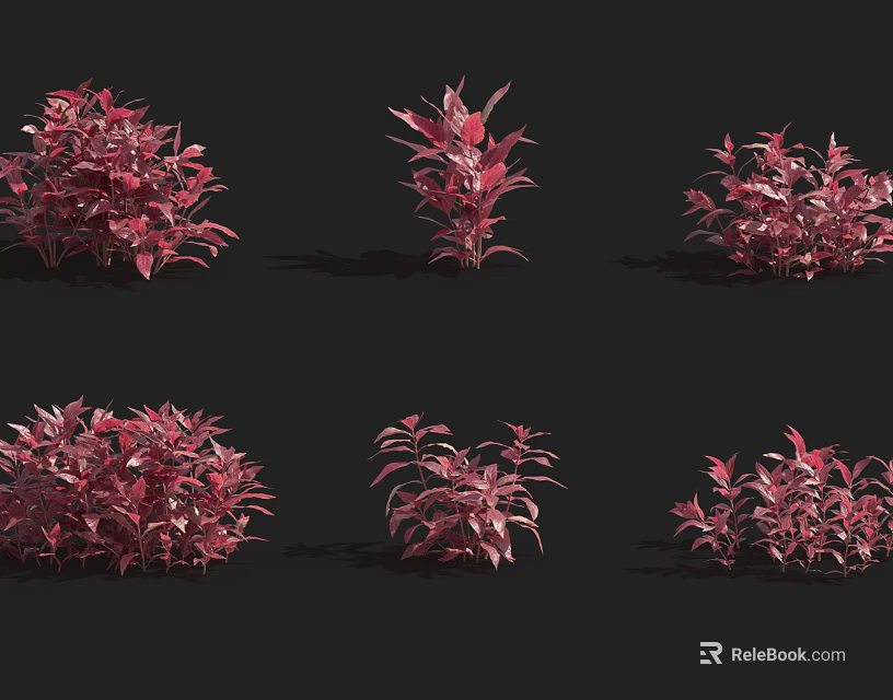 Red Decorative Shrubs With Various Shapes And Sizes On Dark Background 3d model 