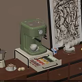 Modern Dinnerware Set with Green Coffee Machine White Cups Drawer Tray on Wooden Cabinet