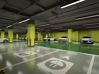Parking Garage with Yellow Pillars Green Floor White Cars Parking Signs Arrows and Bright Lighting 3d model