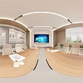 Modern Conference Room With Long Table Comfortable Chairs Large Screen And Display Shelves