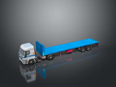 Blue and White Flatbed Truck With Multiple Wheels On Reflective Black Surface 3d model
