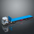Blue and White Flatbed Truck With Multiple Wheels On Reflective Black Surface 3d model