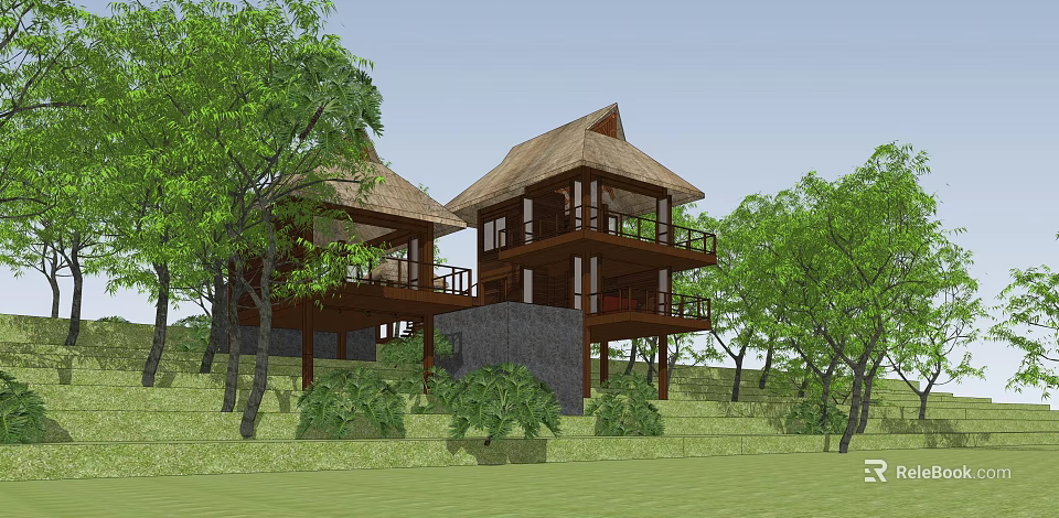 Two Story Detached Villa With Thatched Roof And Balconies Surrounded By Green Trees 3d model 