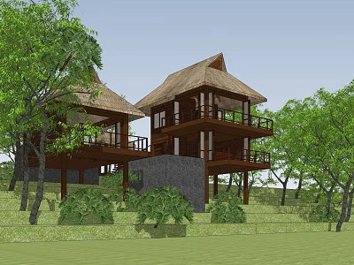 Two Story Detached Villa With Thatched Roof And Balconies Surrounded By Green Trees 3d model