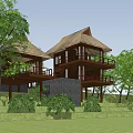 Two Story Detached Villa With Thatched Roof And Balconies Surrounded By Green Trees