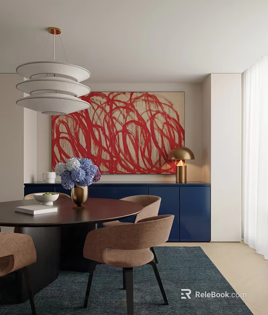 Elegant Dining Room With White Pendant Light Red Abstract Painting Blue Cabinets And Round Table 3d model 