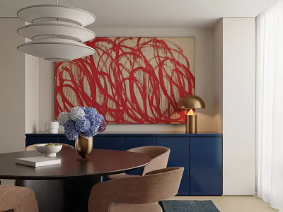 Elegant Dining Room With White Pendant Light Red Abstract Painting Blue Cabinets And Round Table 3d model