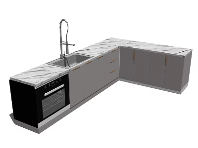 Modern L shaped Kitchen Cabinets With Marble Countertop Sink Faucet And Built in Oven 3d model
