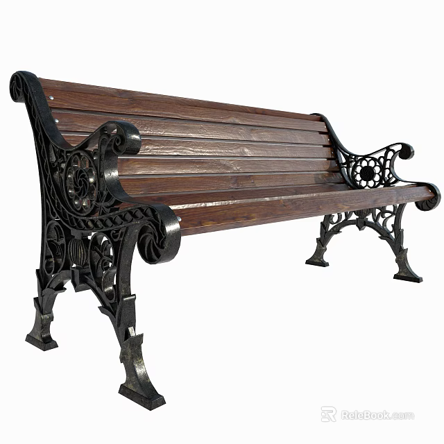 Classic Outdoor Bench With Wooden Slat Seat And Ornate Metal Armrests And Legs 3d model 