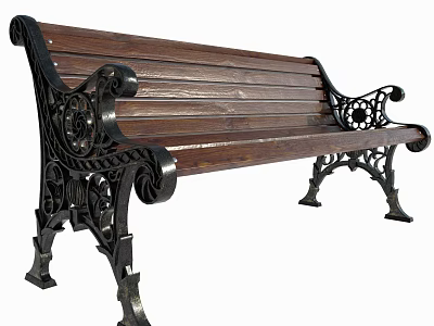 Classic Outdoor Bench With Wooden Slat Seat And Ornate Metal Armrests And Legs 3d model