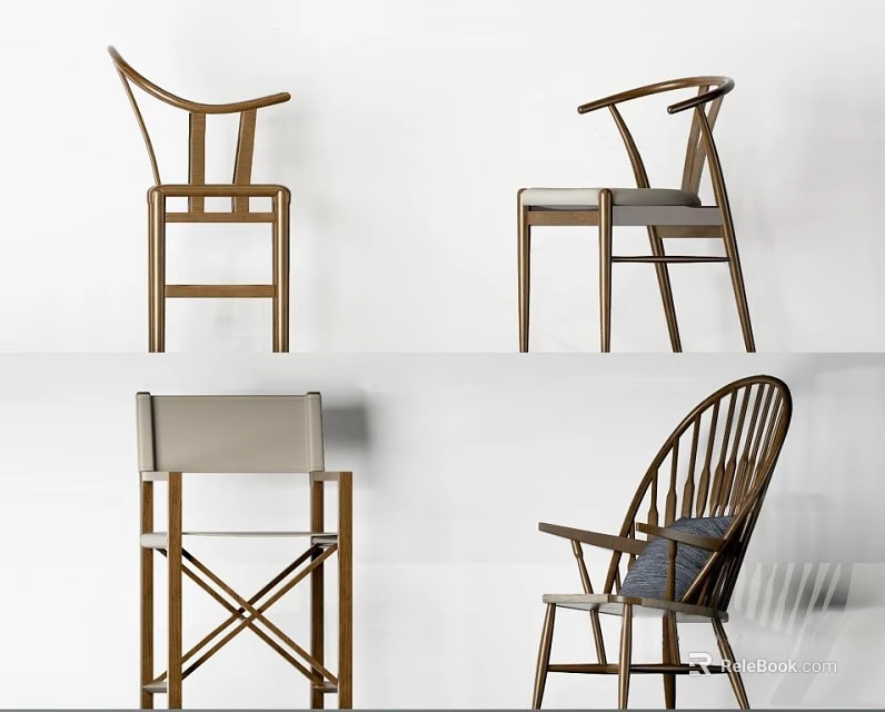 Wooden Leisure Chairs With Various Designs Including Curved Backrests Upholstered Seats And Cross Legs 3d model 
