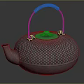 Traditional Iron Teapot With Dotted Texture And Brown Woven Handle 3d model