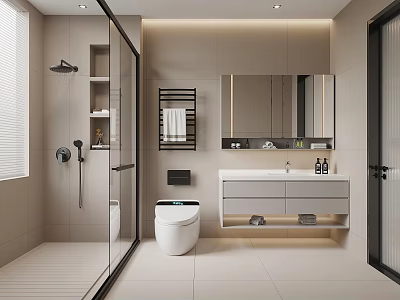 Modern Bathroom Interior Design With Glass Shower Smart Toilet And Lighted Vanity 3d model