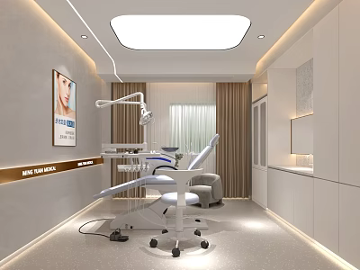 Modern Dental Clinic Treatment Room With Dental Chair Equipment White Cabinets And Wall Poster 3d model