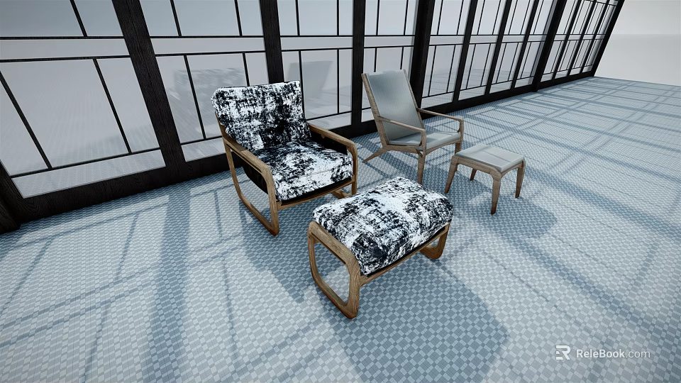 Modern Single Sofa With Black White Patterned Fabric Wooden Frame Ottoman And Geometric Floor 3d model 