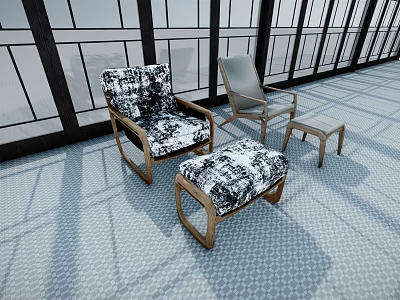 Modern Single Sofa With Black White Patterned Fabric Wooden Frame Ottoman And Geometric Floor 3d model
