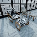 Modern Single Sofa With Black White Patterned Fabric Wooden Frame Ottoman And Geometric Floor